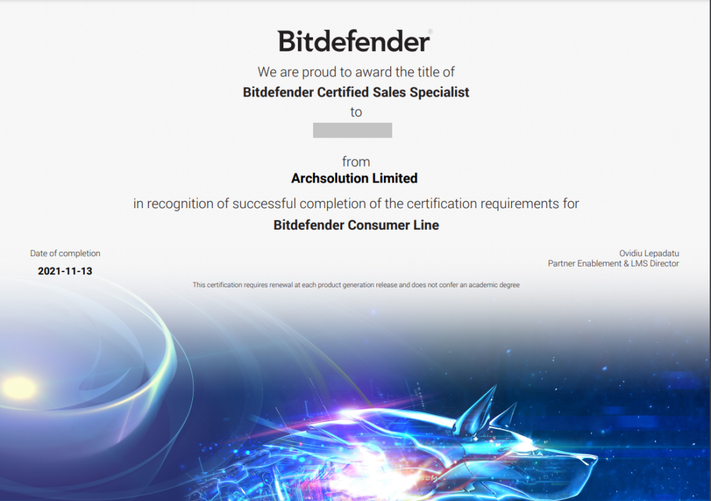 Bitdefender Consumer Product Sales Certificate