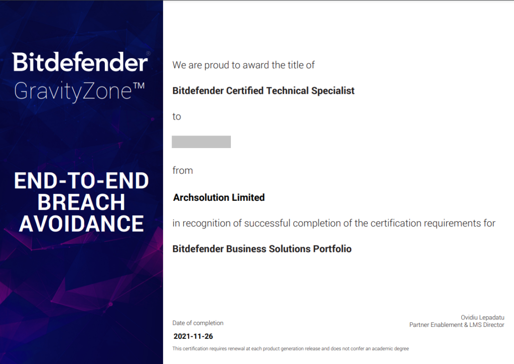Bitdefender Business Product Technical Certificate